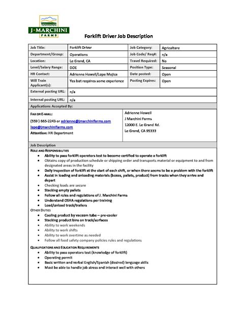 Forklift Driver Job Description