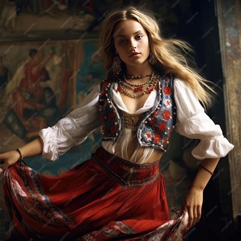 Premium AI Image | Slavic girl dancing national dance in slavic clothes