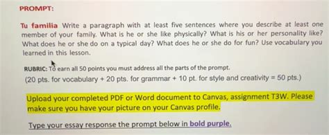 Solved: PROMPT: Tu familia Write a paragraph with at least five ...