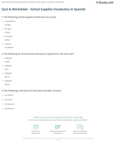 Quiz & Worksheet - School Supplies Vocabulary in Spanish | Study.com