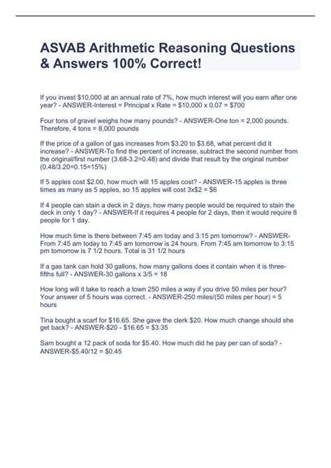 ASVAB Arithmetic Reasoning Questions & Answers 100% Correct! - ASVAB ...
