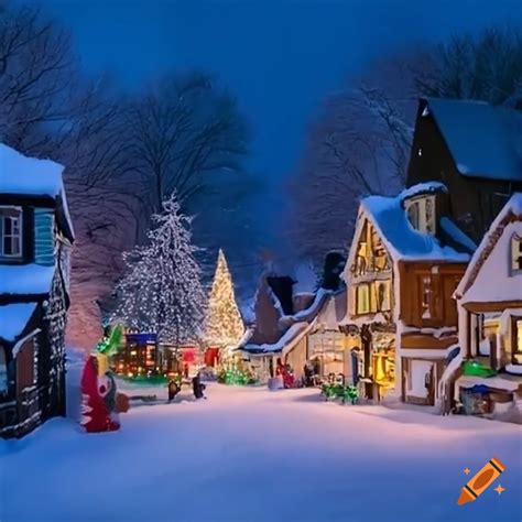 Snowy christmas village with festive lights on Craiyon