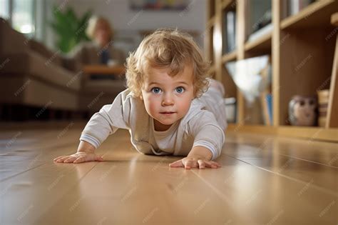 Premium Photo | Delighted Young Kid Crawling on the Hardwood Floor ...