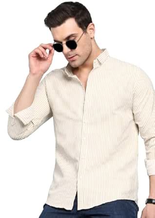 Men's Cotton Casual Striped Classic Collar Slim Fit Shirt (Brown;Small ...