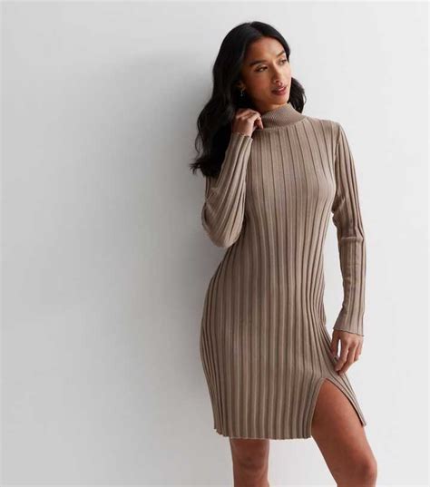 Petite Mink Ribbed Knit High Neck Mini Dress | New Look