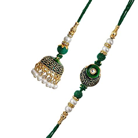 Buy eCraftIndia Green Meenakari Work Bhaiya Bhabhi Rakhi set and Roli ...