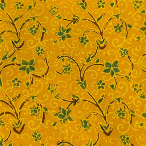 Pre-cut 1.5 meter Pure Cotton Ajrak Turmeric Dyed With Green Floral Ja ...