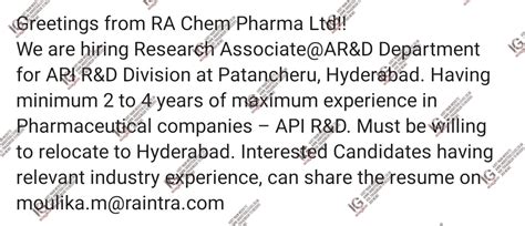 RA Chem Pharma jobs for API R&D apply now