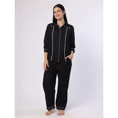 Buy BLANC9 Black Shirt With Contrast Piping Pyjama And Lace Online