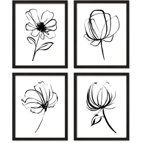 Buy Black White Flower Wall Art Print UNFRAMED 8x10, Simple Brush ...