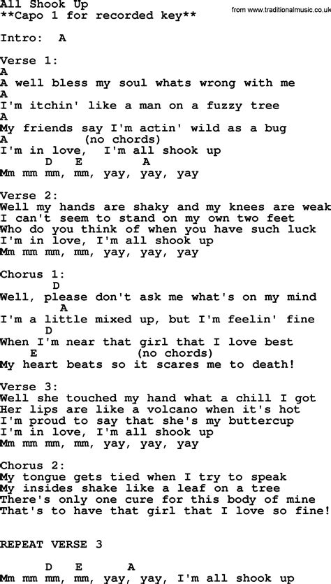 All Shook Up, by Elvis Presley - lyrics and chords