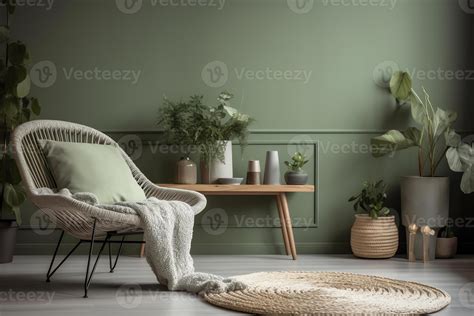 Modern cozy living room with monochrome sage green wall contemporary ...