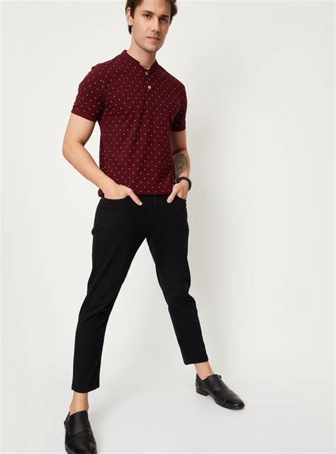 Buy Men Printed Slim Fit Band Collar Polo T-shirt Online at just Rs ...