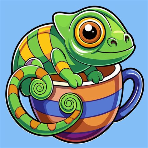 A green frog with a colorful pattern on its face sits in a cup ...