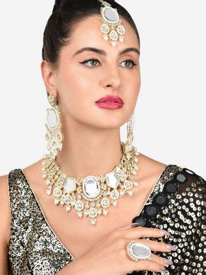 Buy Zaveri Pearls Gold Tone Kundan Necklace Earring Maangtikka Ring Set ...