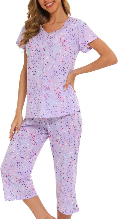 MLDRA Women's Cotton Pajama Set, Capri Sleep Set, Short Sleeve Tops ...