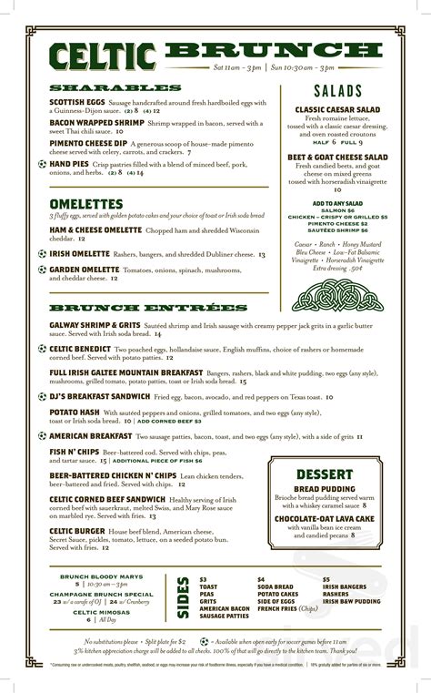 Celtic Crossing Irish Pub menu in Memphis, Tennessee, USA