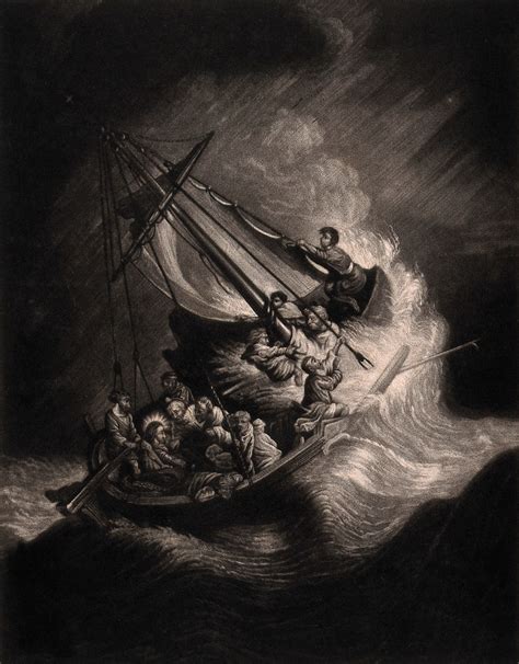 Christ and the apostles in the storm on the sea of Galilee. Mezzotint ...