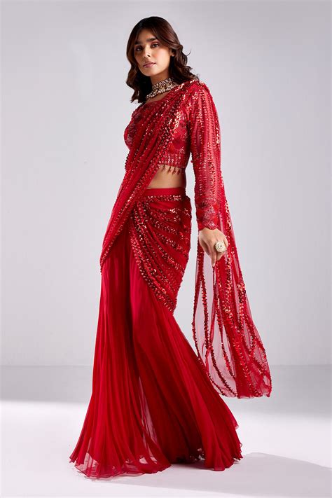 Crimson Red Embroidered Saree Set