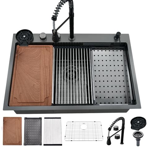 Buy 33 Inch Black Drop In Waterfall Kitchen Sink with Faucet Combo ...