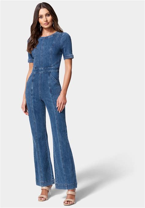Bebe Puff Sleeve Wide Leg Denim Jumpsuit in Blue | Lyst