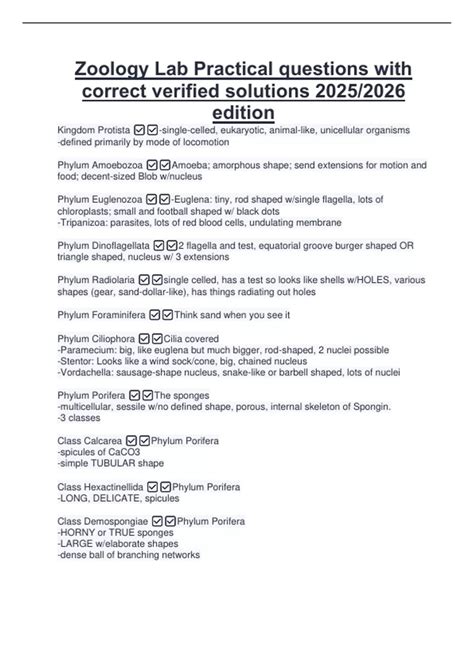 Zoology Lab Practical questions with correct verified solutions 2025/2026 edition - Zoology Lab ...