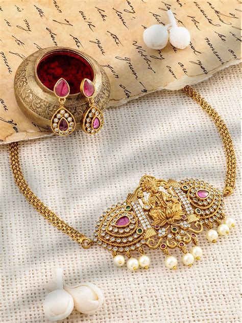 American Diamond Zirconia Pink Studded Temple Necklace Set – Rubans
