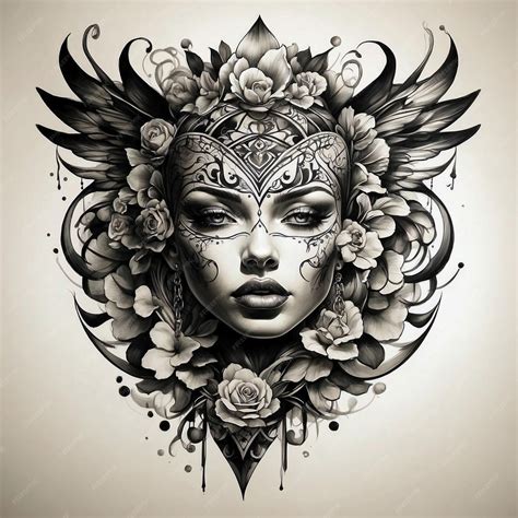 Tatuagem de menina de flor com ilustração de crânio e asa | Foto Premium