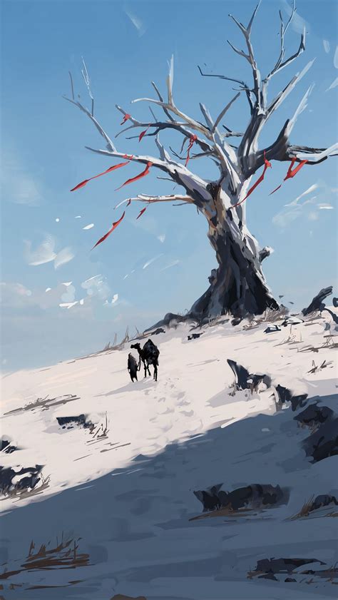 Download wallpaper 800x1420 silhouettes, traveler, hill, trees, snow ...