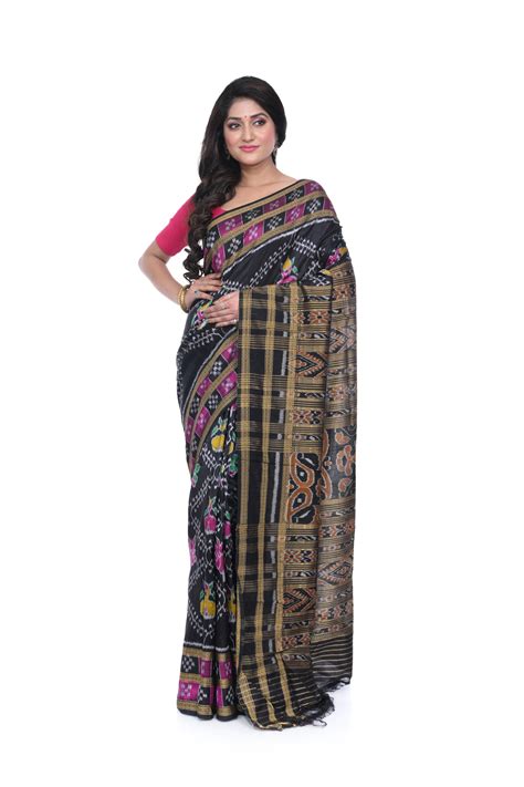 Black coloured with pink lotous motif pure khandua silk saree | Bivush ...