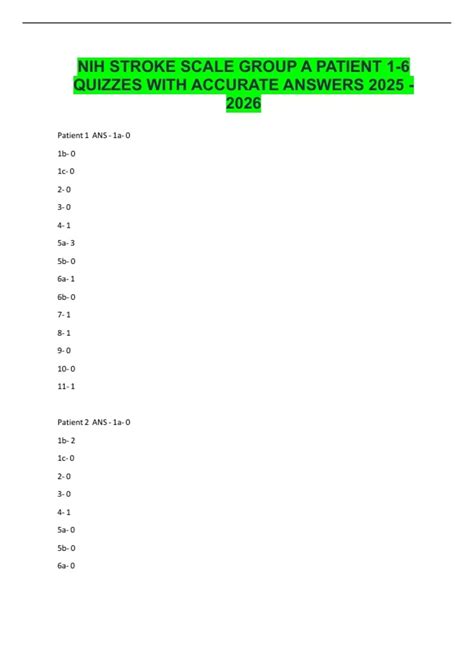 NIH STROKE SCALE GROUP A PATIENT 1-6 QUIZZES WITH ACCURATE ANSWERS ...