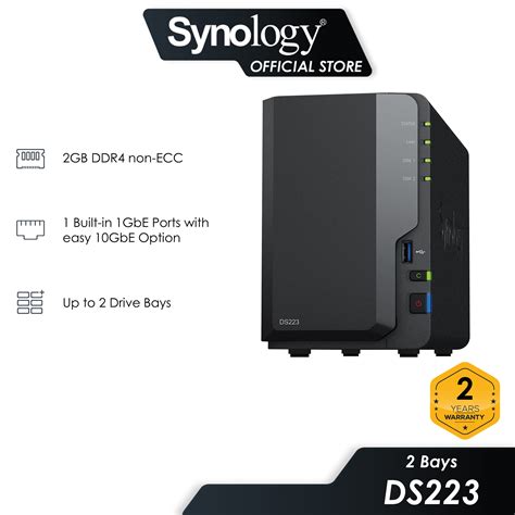 Synology DS223 2 Bays NAS DiskStation with Quad Core CPU, 2GB Memory, 2 ...