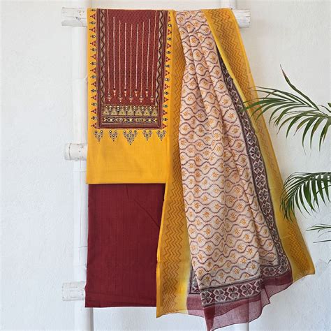 Roshani - Pure Cotton Self Design Mustard With Rust Red Beautiful Embr ...