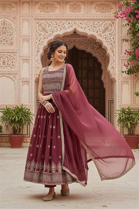Rust Red Poly Georgette Solid Embroidered Straight Suit Set PKSKD2008 ...