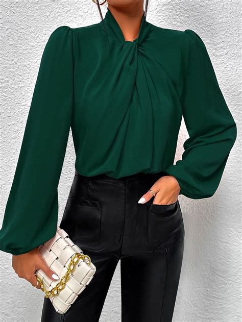Twist Front Lantern Sleeve Blouse | Long sleeve shirt outfits, Green ...