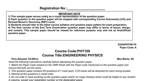 PHY109 Engineering Physics Sample Paper - Important Notes and ...