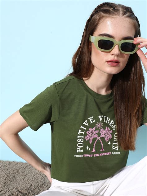 Buy Dressberry Olive Green Graphic High Printed Casual T Shirt ...