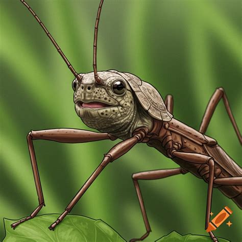 Digital painting of a man's head on an ant's body climbing a green leaf ...