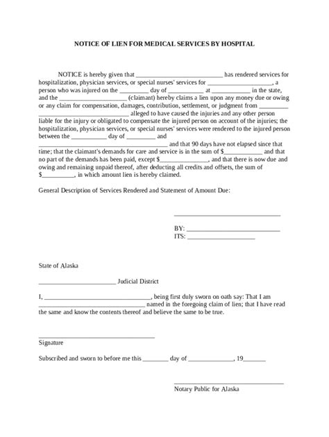 Notice of Lien for Medical Services by Hospital - Blank Fillable ...