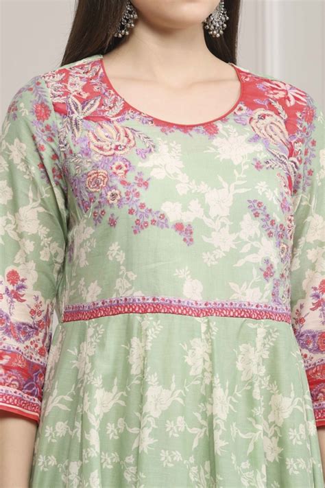 Buy Sea Green Cotton Printed Anarkali Suit Set Online at Biba India