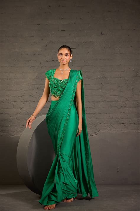 Emerald Green Embroidered Border Drape Saree Set – One Knot One