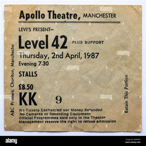 Concert ticket for the Level 42 gig at the Apollo Theatre in Manchester ...
