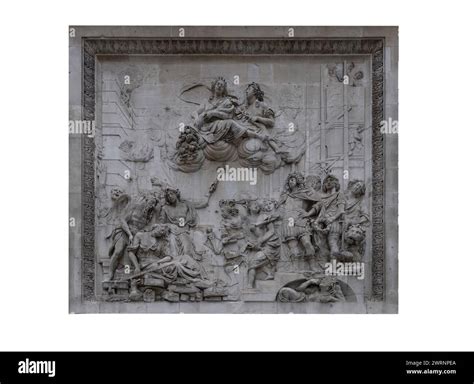 London, UK - Feb 27, 2024 - Bas relief sculpture of The pediment of The ...