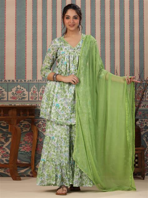 Flared Style Mulmul Cotton Fabric Green Color Kurta And Sharara With D ...
