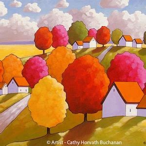 Buy Autumn Color 5x7 Print, Country Cottages Folk Art Print, Rural ...