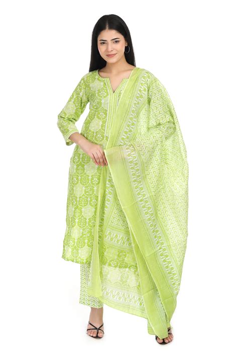 Light green, Jaipuri printed cotton suit set with mul-mul dupatta and ...