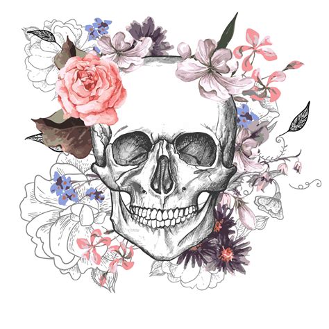 Skeleton Head Drawing With Flowers