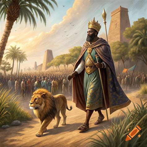 Mansa Musa leading a procession through medieval Mali with a lion cub ...