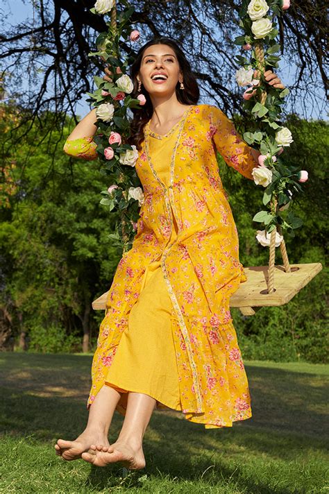 Buy Yellow Solid Cotton Blend A-line Dress and Floral Printed Gilet ...