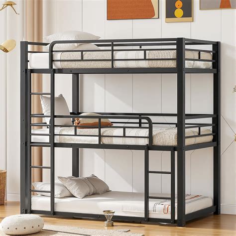Amazon.com: EMKK Twin Over Twin Bunk Bed with Trundle,Metal Triple Bunk Beds w/Two Side Ladders ...